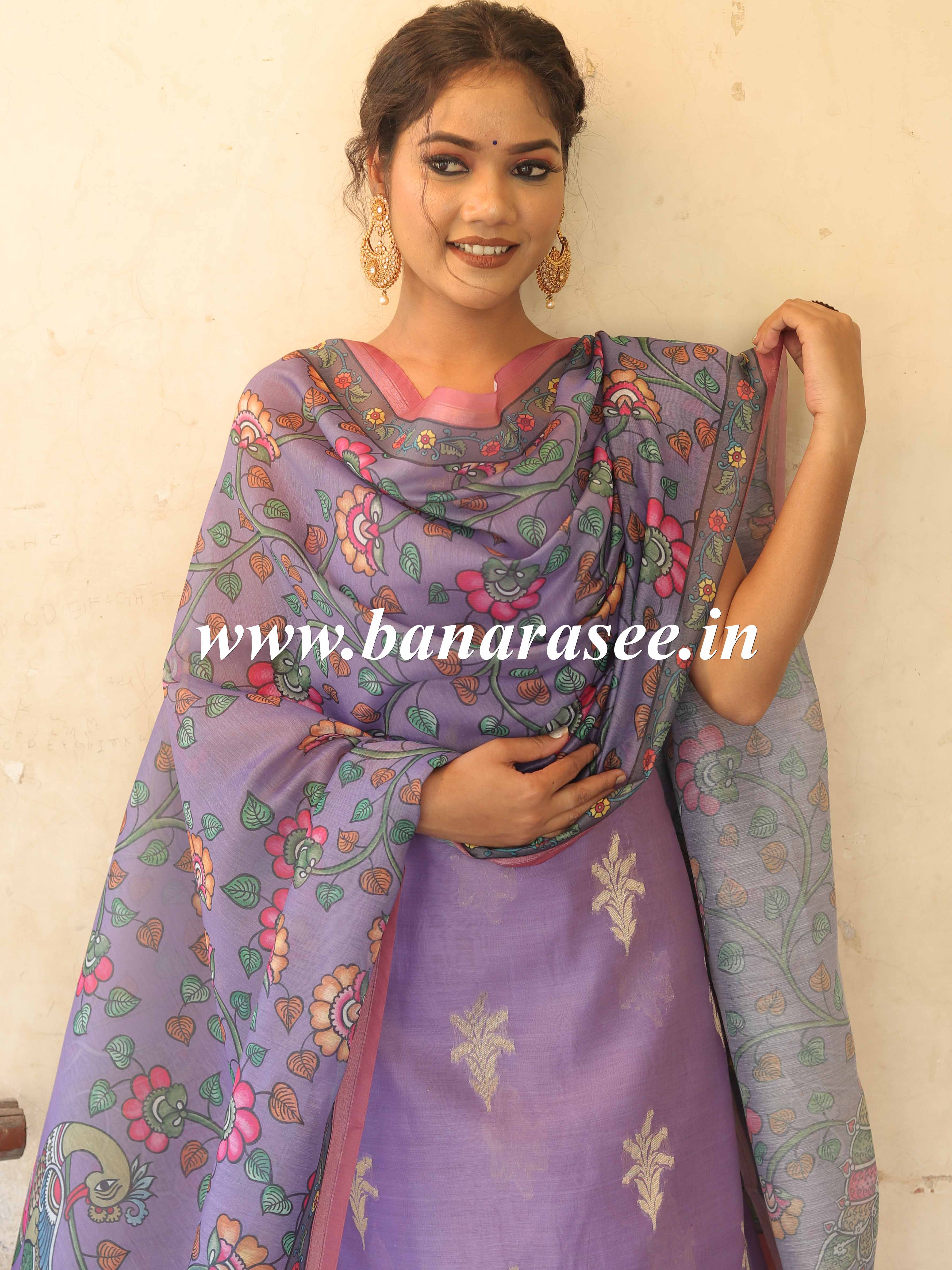 Banarasee Chanderi Silk Zari Buti Salwar Kameez Fabric With Digital Print Dupatta-Lavender