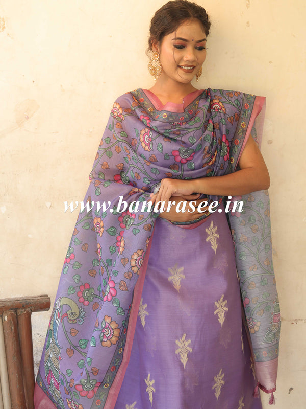 Banarasee Chanderi Silk Zari Buti Salwar Kameez Fabric With Digital Print Dupatta-Lavender