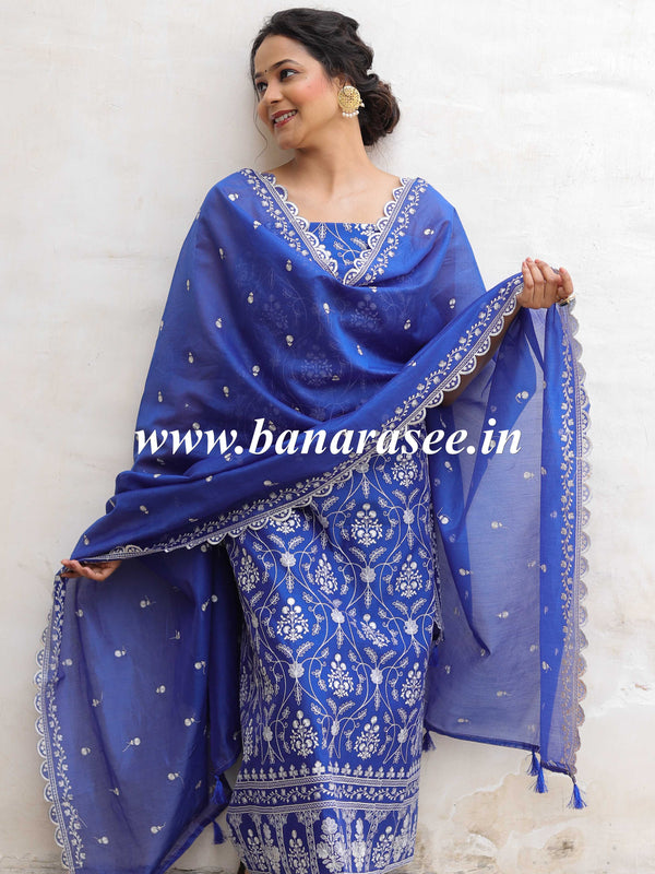Banarasee Handloom Chanderi Silk Salwar Kameez Fabric With Chikankari Embroidery-Royal Blue