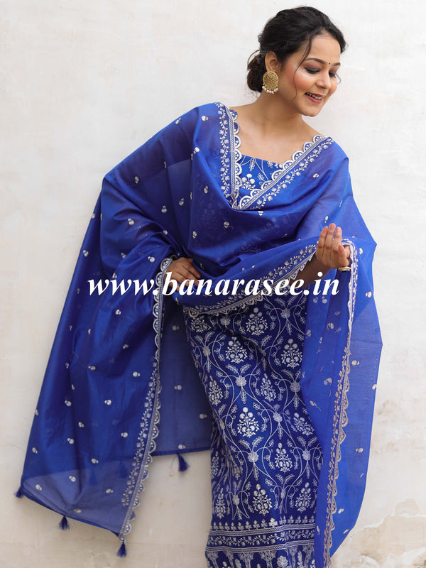 Banarasee Handloom Chanderi Silk Salwar Kameez Fabric With Chikankari Embroidery-Royal Blue