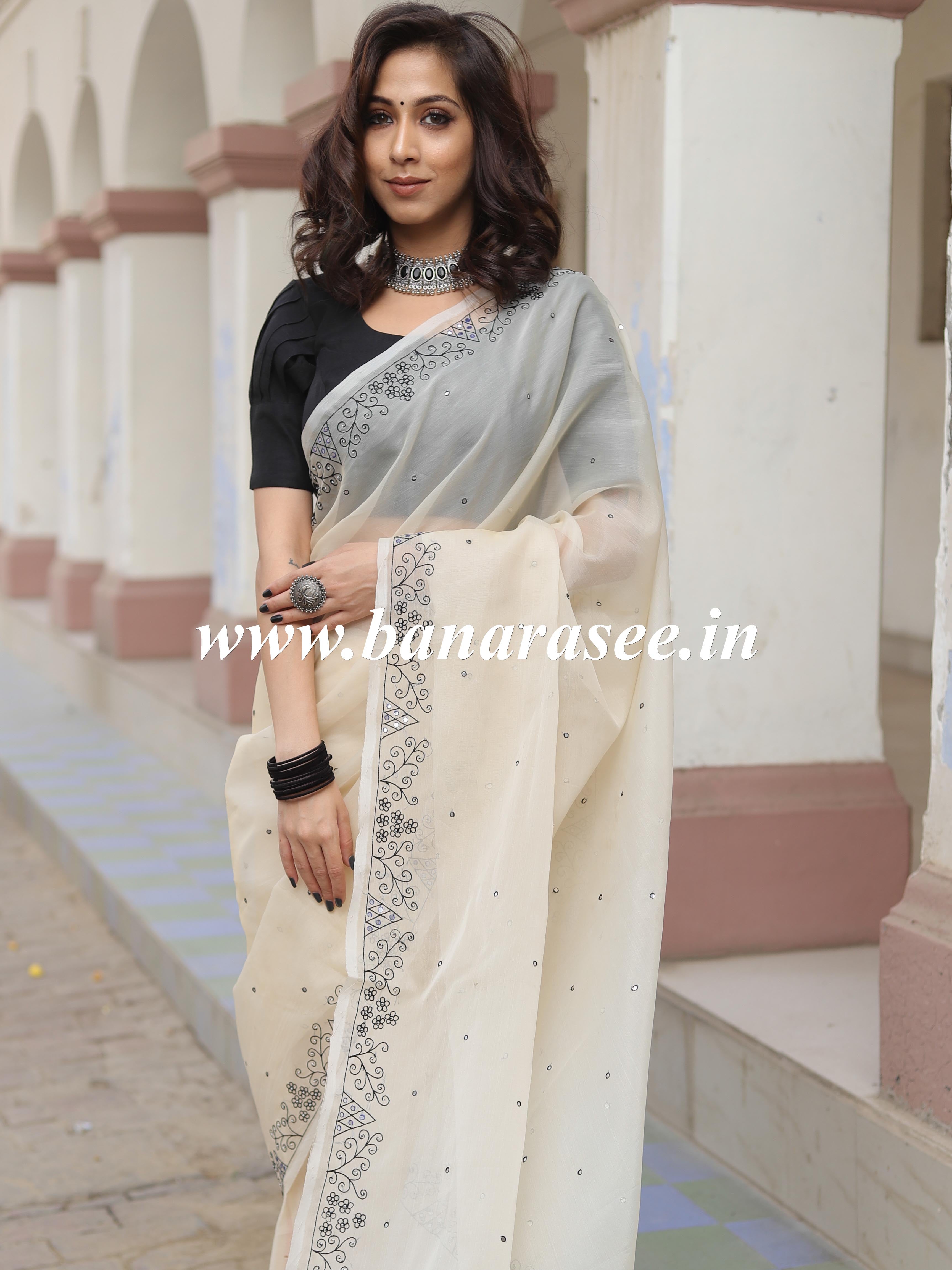 Banarasee Mix Organza Hand-Embroidered Saree-Beige