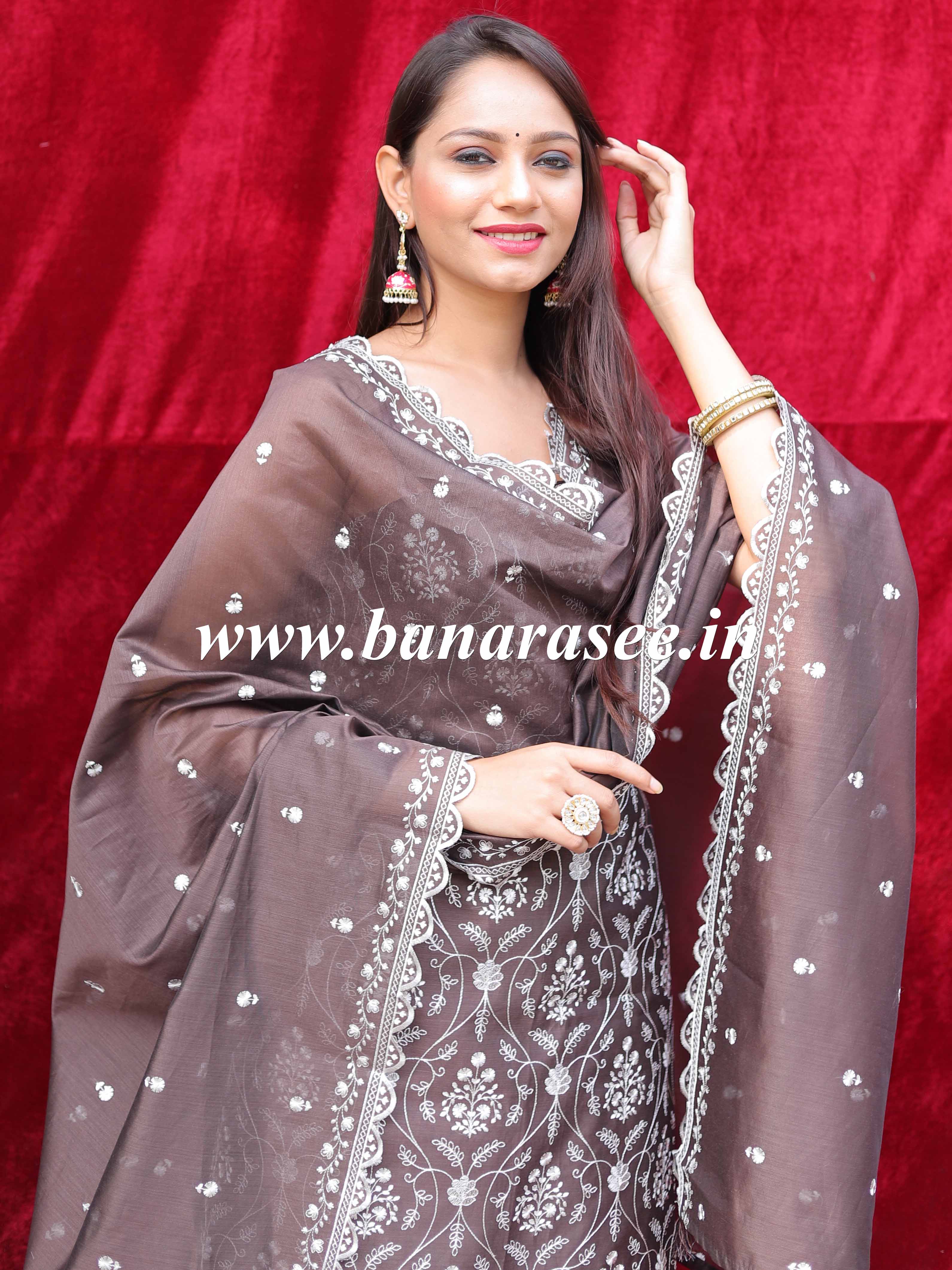 Banarasee Handloom Chanderi Silk Salwar Kameez Fabric With Chikankari Embroidery-Brown