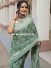 Linen Cotton Bagru Hand-Block Printed Saree-Green