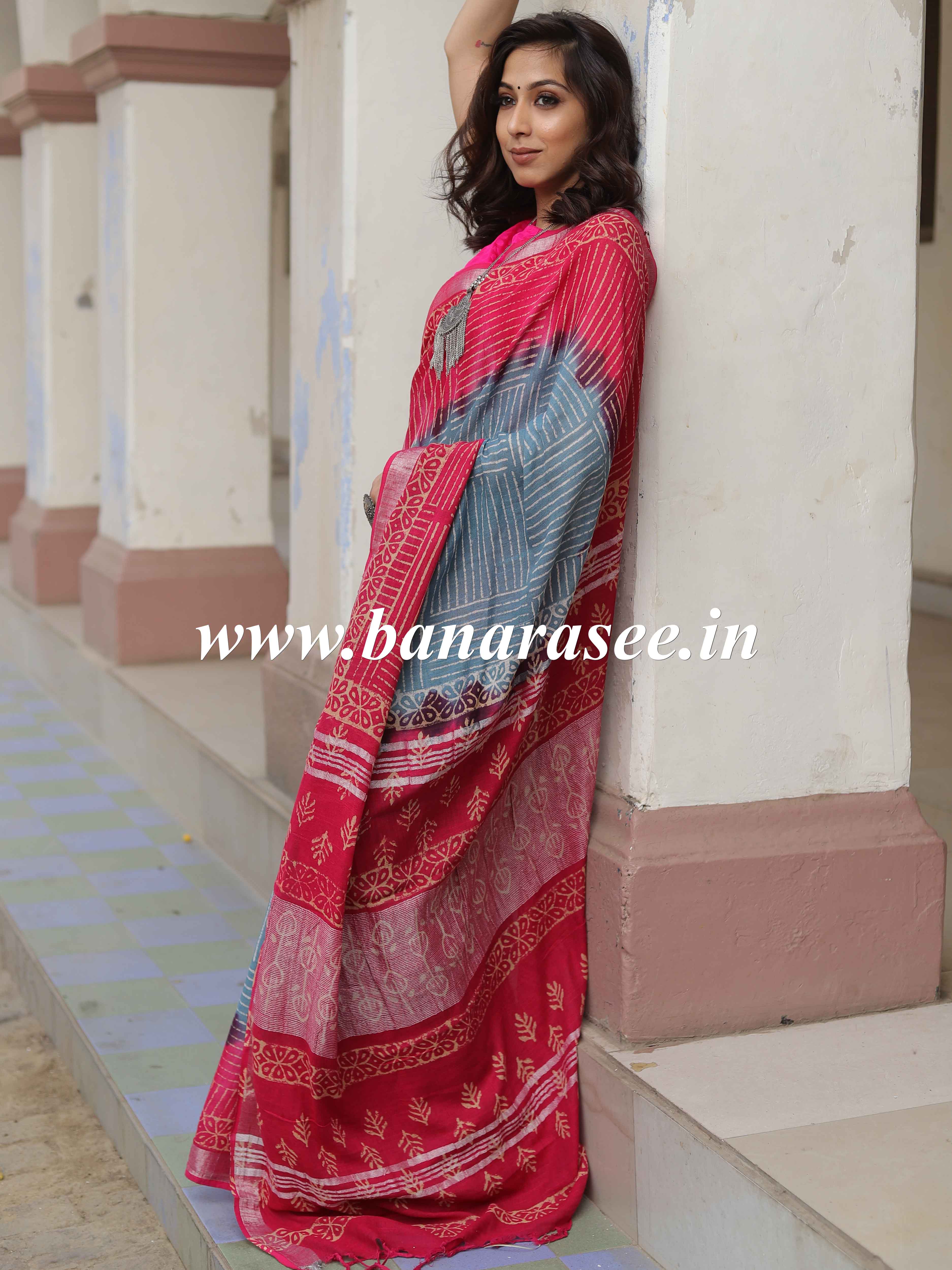 Linen Cotton Bagru Hand-Block Printed Saree-Pastel Blue & Pink