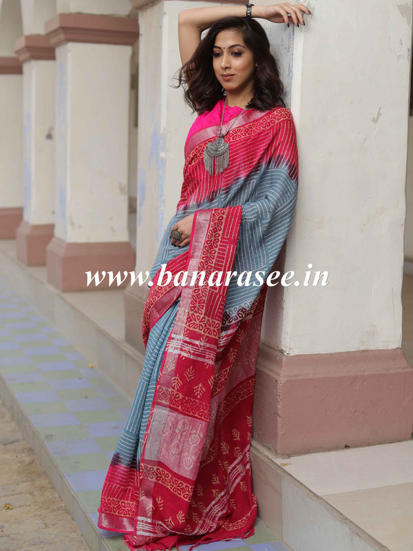 Linen Cotton Bagru Hand-Block Printed Saree-Pastel Blue & Pink
