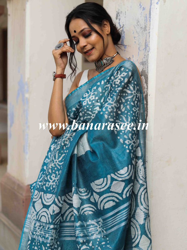 Bhagalpur Handloom Pure Linen Cotton Hand-Dyed Batik Pattern Saree-Rama Green