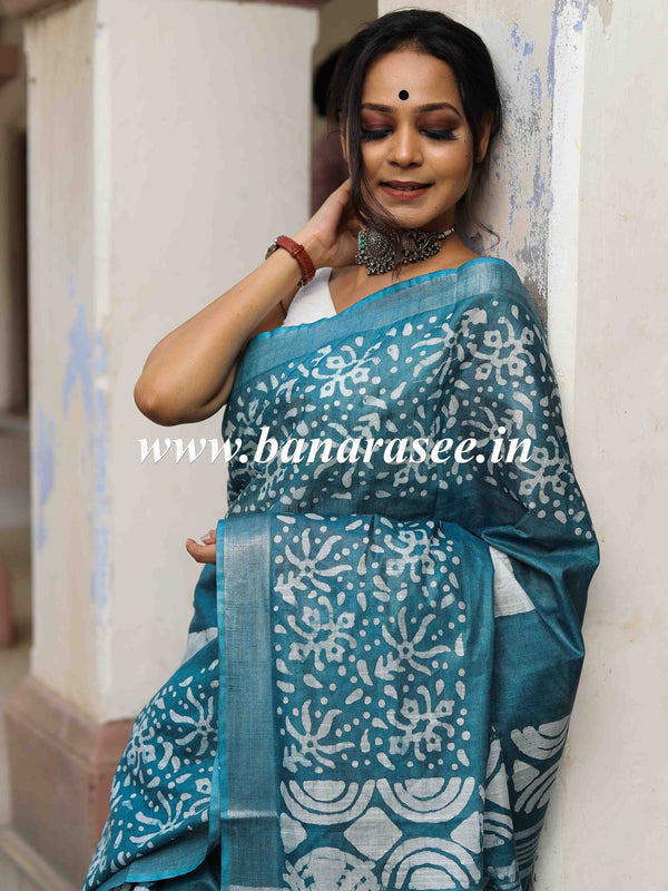 Bhagalpur Handloom Pure Linen Cotton Hand-Dyed Batik Pattern Saree-Rama Green