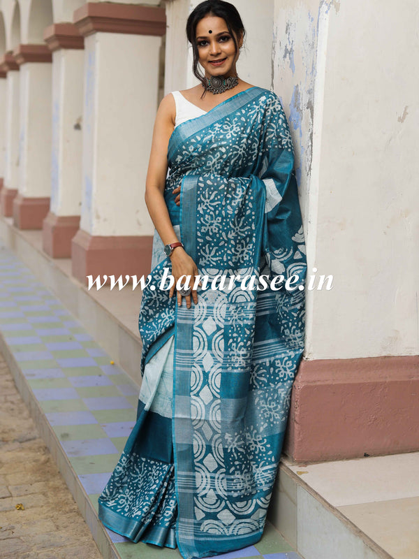 Bhagalpur Handloom Pure Linen Cotton Hand-Dyed Batik Pattern Saree-Rama Green