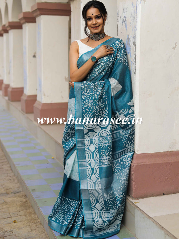 Bhagalpur Handloom Pure Linen Cotton Hand-Dyed Batik Pattern Saree-Rama Green