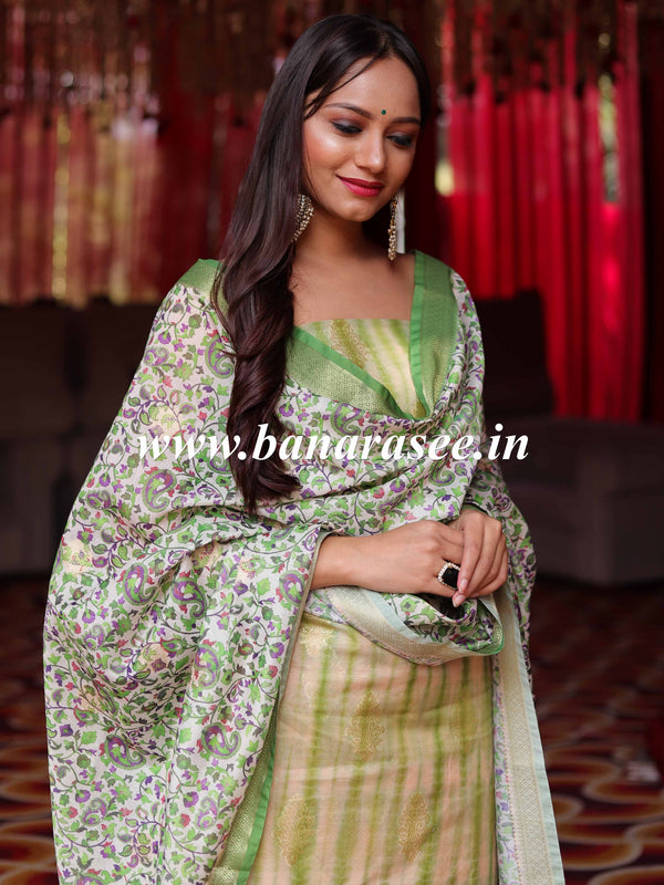 Banarasee Handloom Chanderi Cotton Shibori Salwar Kameez With Digital Print Dupatta-White & Green
