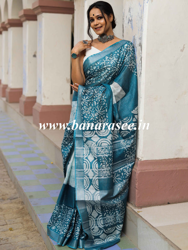 Bhagalpur Handloom Pure Linen Cotton Hand-Dyed Batik Pattern Saree-Rama Green