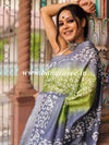 Bhagalpur Handloom Pure Linen Cotton Hand-Dyed Batik Pattern Saree-Grey & Green