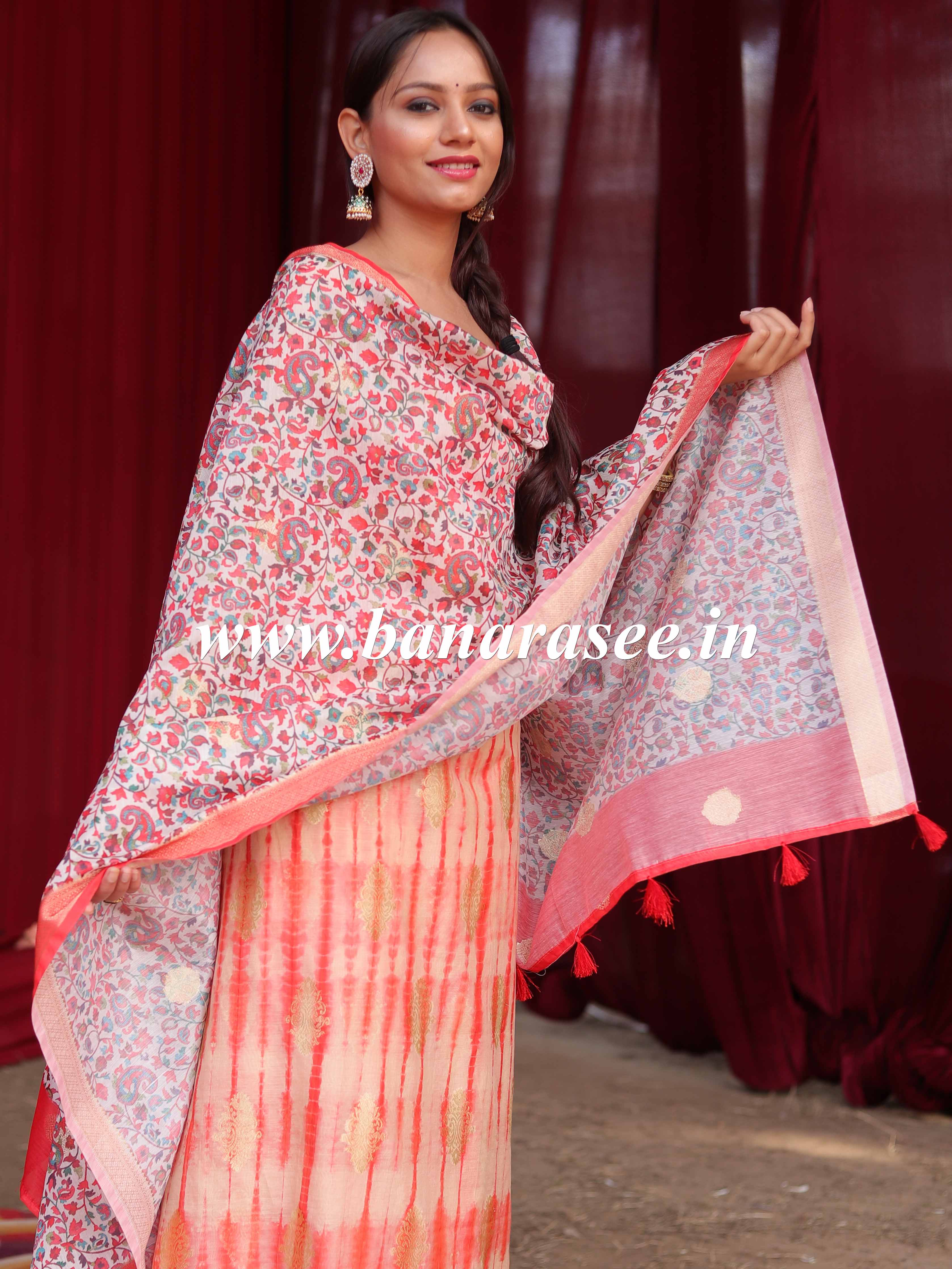 Banarasee Handloom Chanderi Cotton Shibori Salwar Kameez With Digital Print Dupatta-White & Red