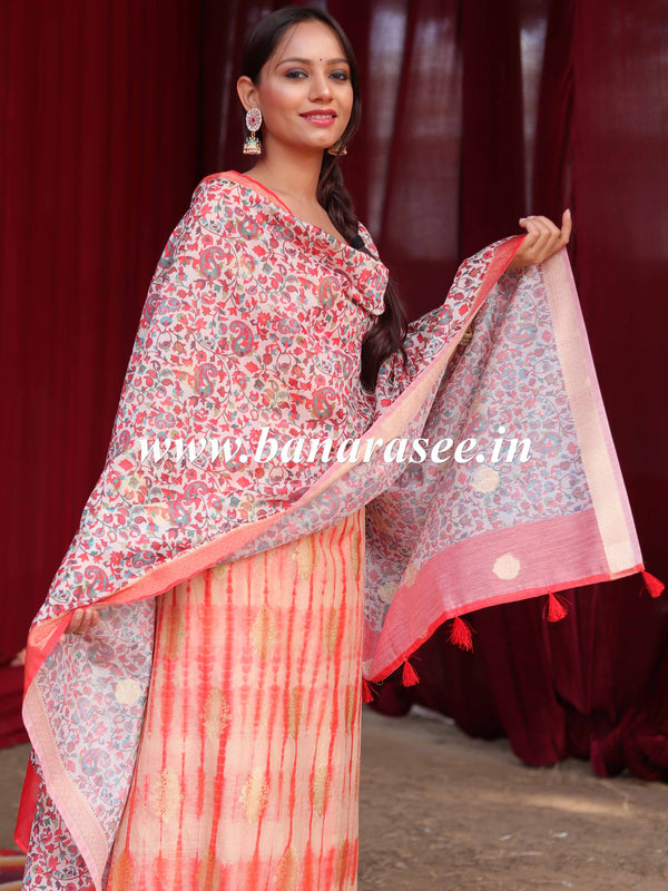 Banarasee Handloom Chanderi Cotton Shibori Salwar Kameez With Digital Print Dupatta-White & Red