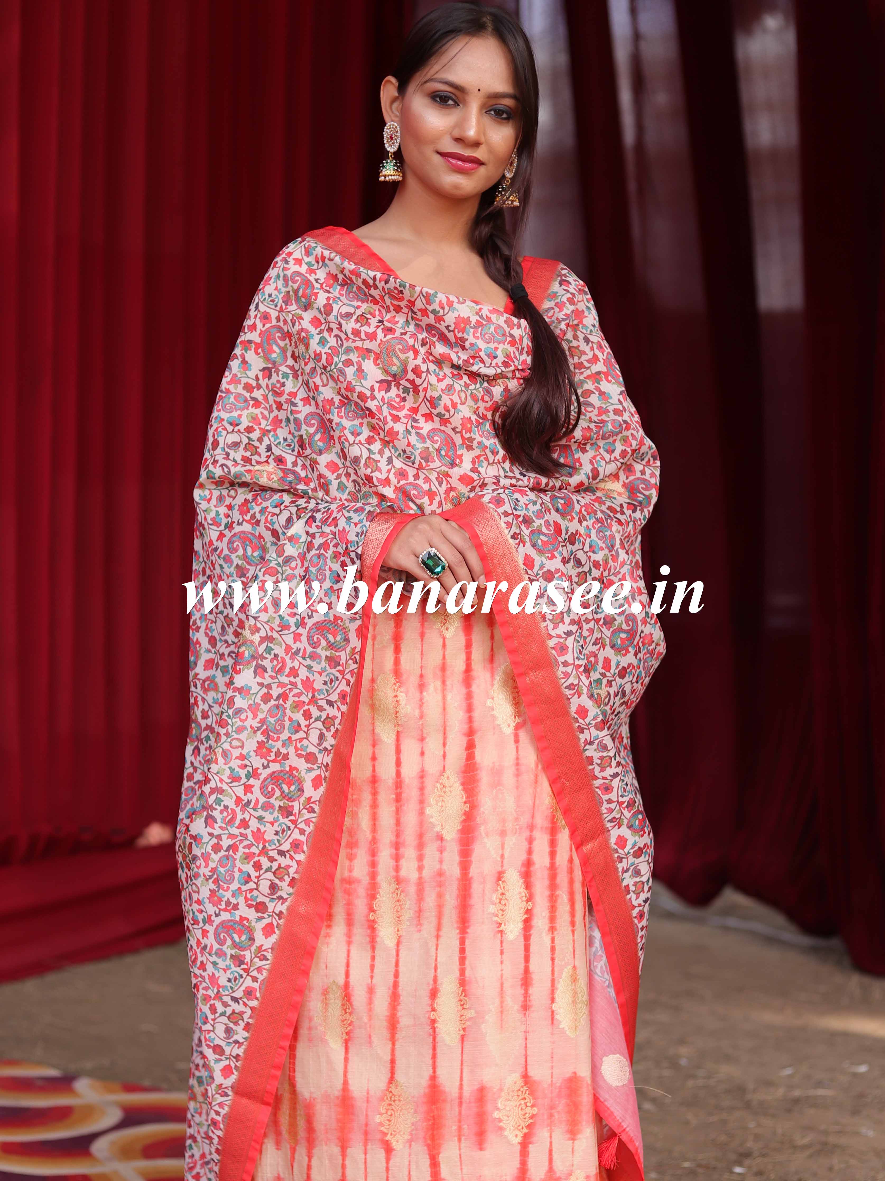 Banarasee Handloom Chanderi Cotton Shibori Salwar Kameez With Digital Print Dupatta-White & Red