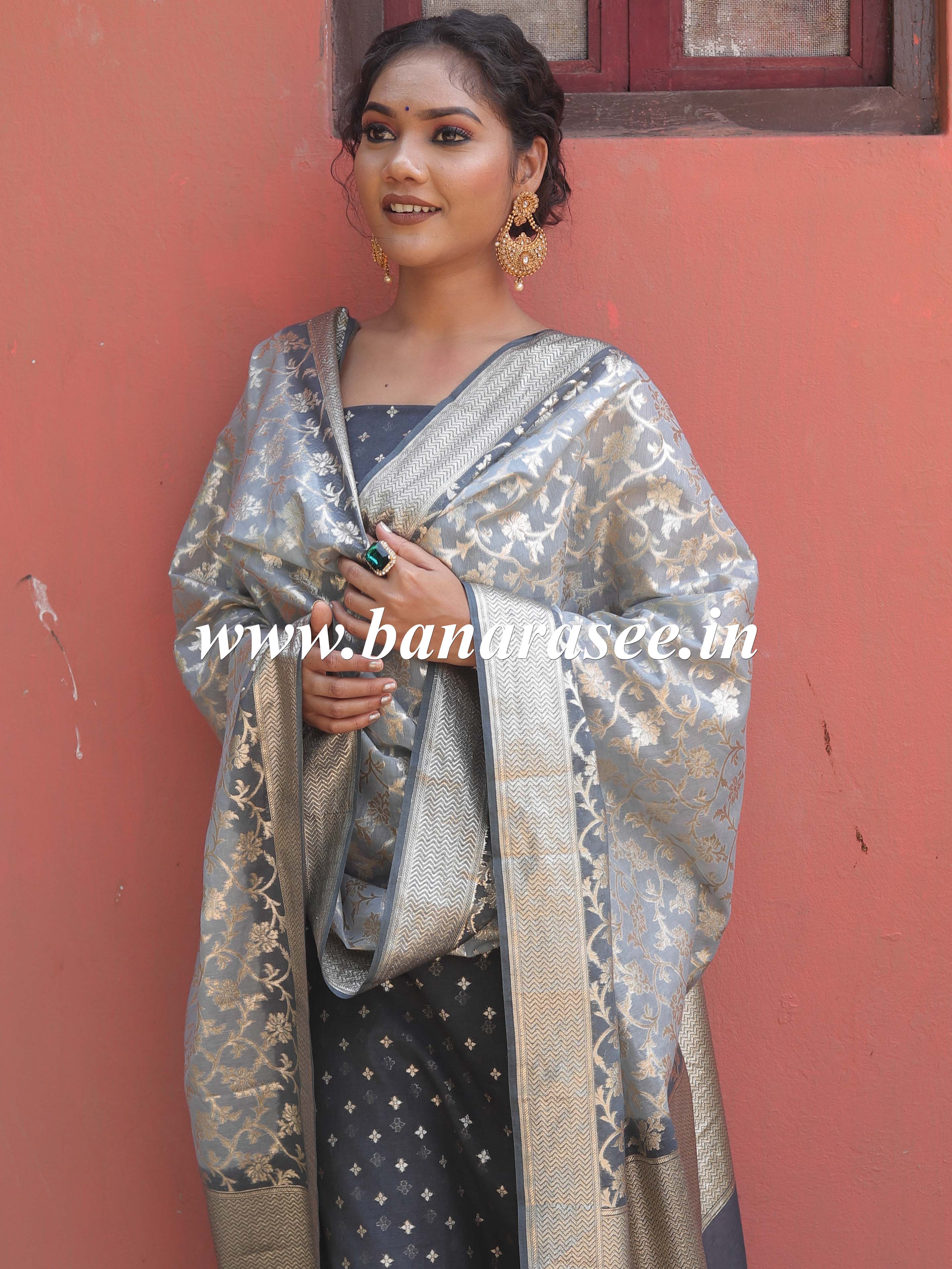 Banarasee Handloom Chanderi Silk Ombre Dyed Zari Work Salwar Kameez Dupatta Set-Grey