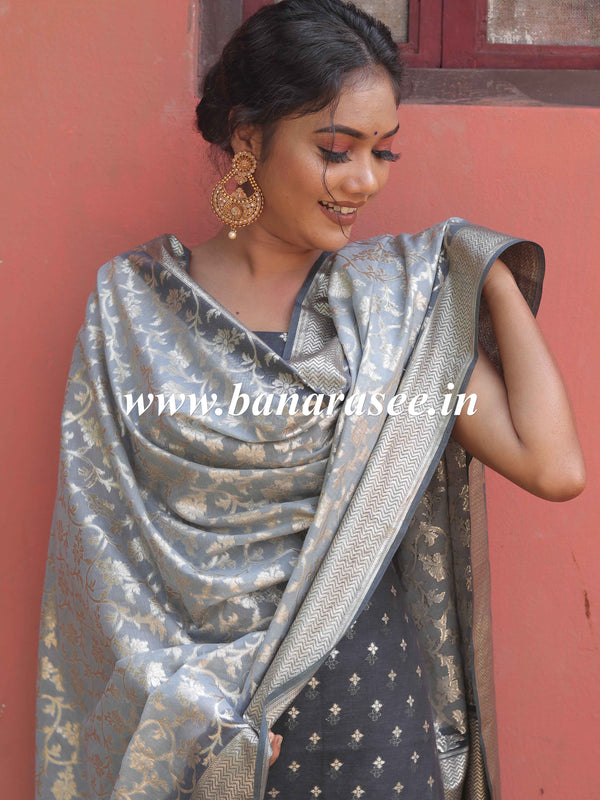 Banarasee Handloom Chanderi Silk Ombre Dyed Zari Work Salwar Kameez Dupatta Set-Grey