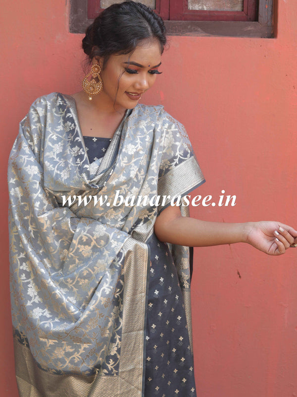 Banarasee Handloom Chanderi Silk Ombre Dyed Zari Work Salwar Kameez Dupatta Set-Grey