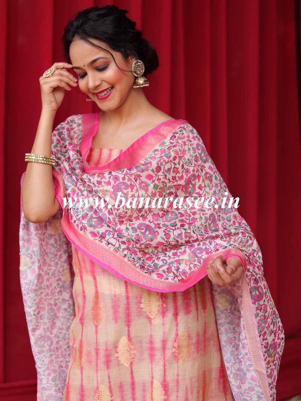 Banarasee Handloom Chanderi Cotton Shibori Salwar Kameez With Digital Print Dupatta-White & Pink
