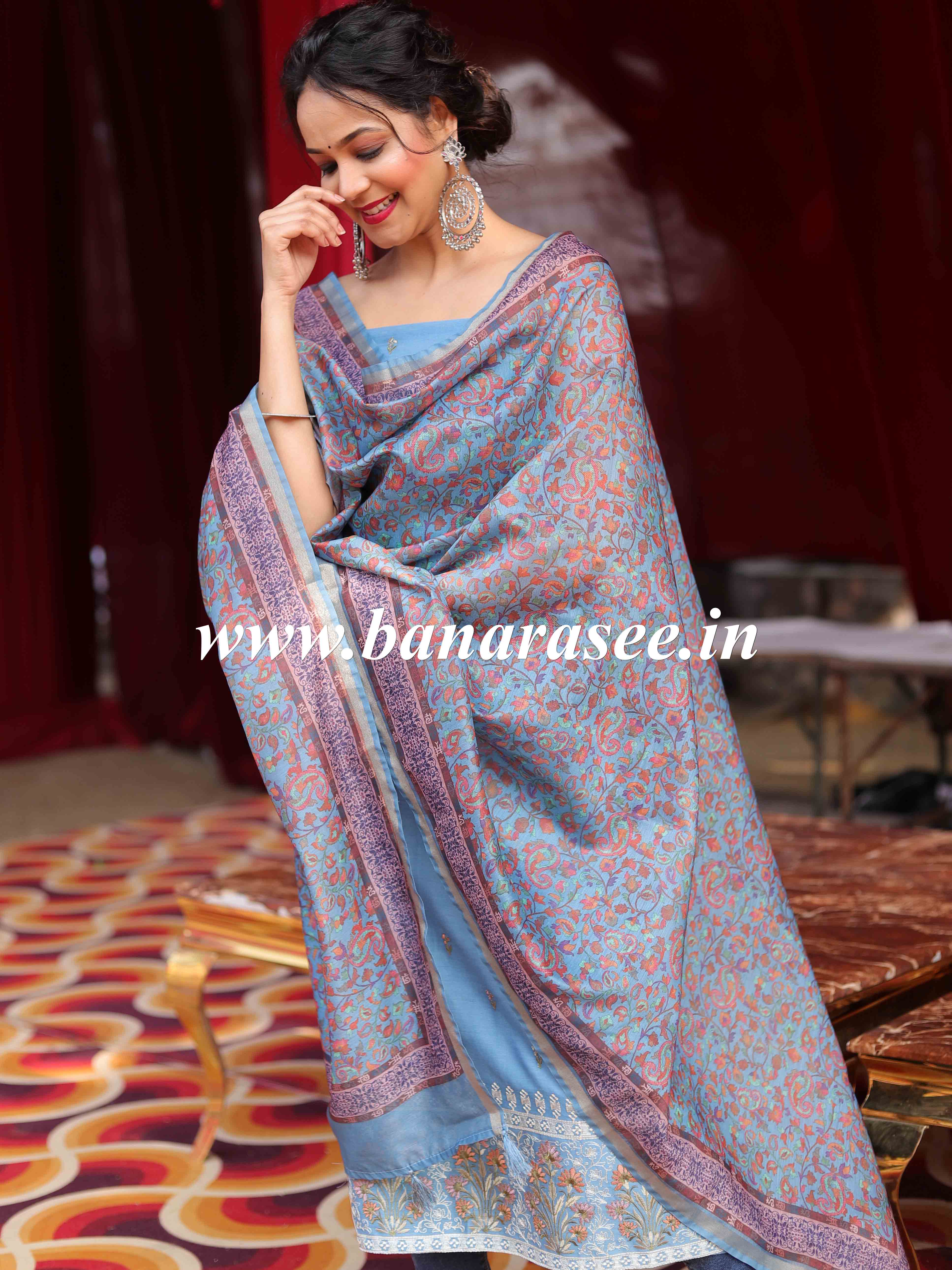 Banarasee Handloom Chanderi Silk Salwar Kameez With Chikankari Embroidery & Digital Print Dupatta-Pastel Blue