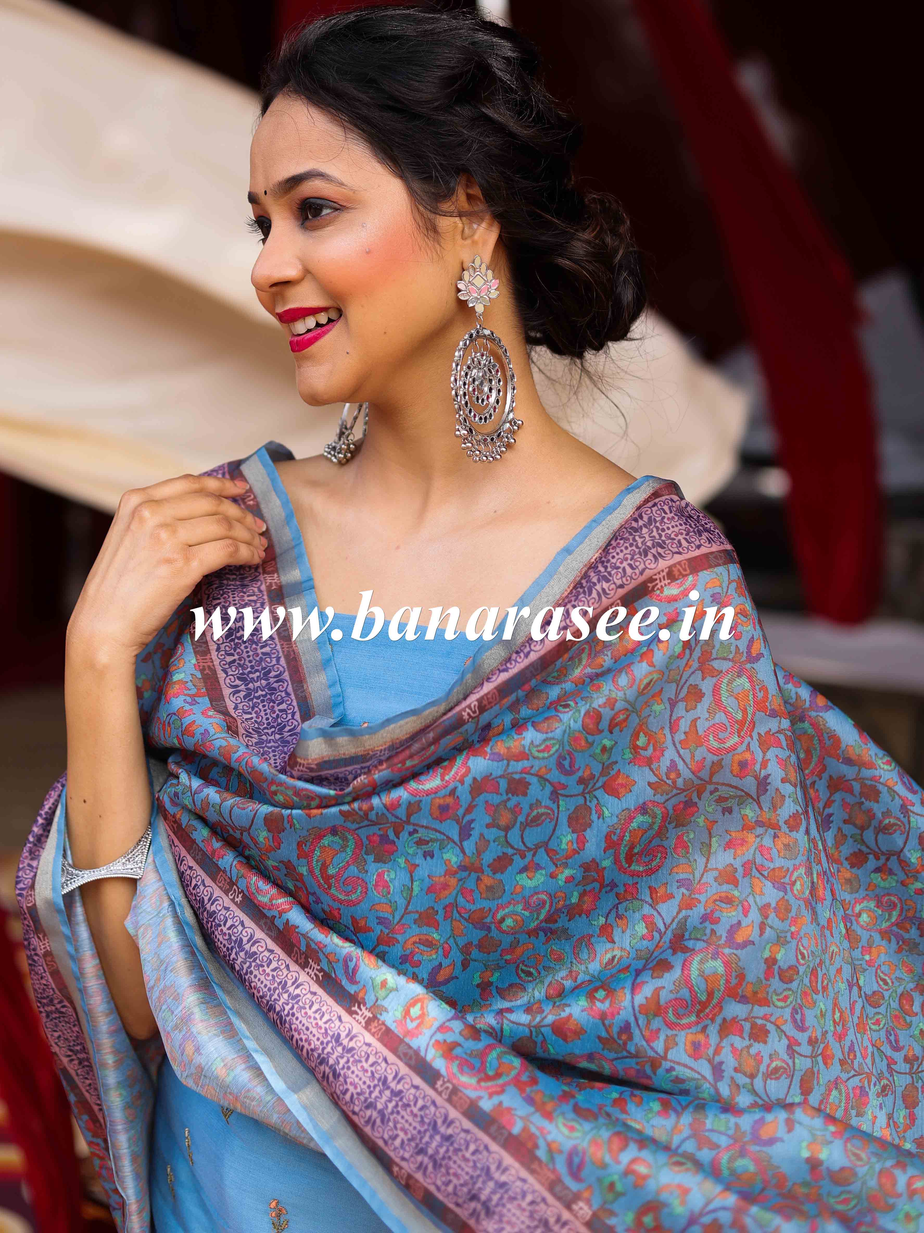 Banarasee Handloom Chanderi Silk Salwar Kameez With Chikankari Embroidery & Digital Print Dupatta-Pastel Blue
