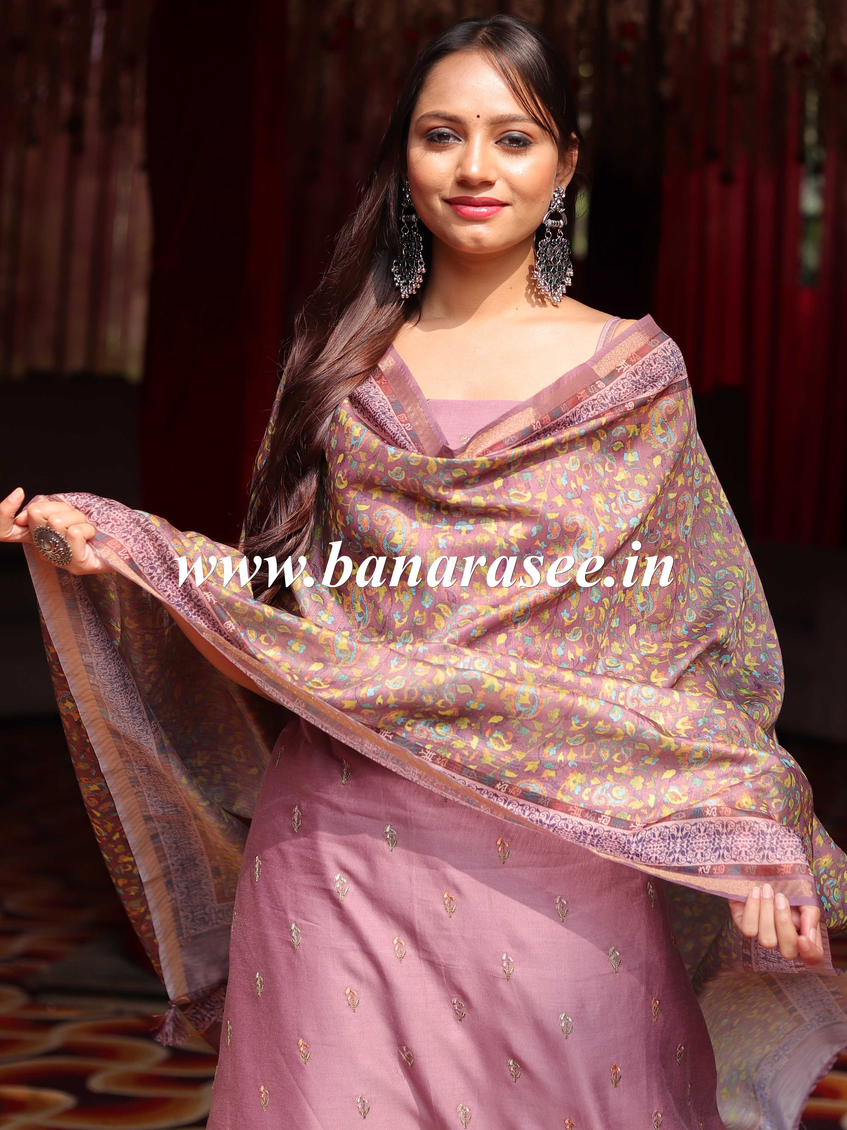 Banarasee Handloom Chanderi Silk Salwar Kameez With Chikankari Embroidery & Digital Print Dupatta-Onion Pink