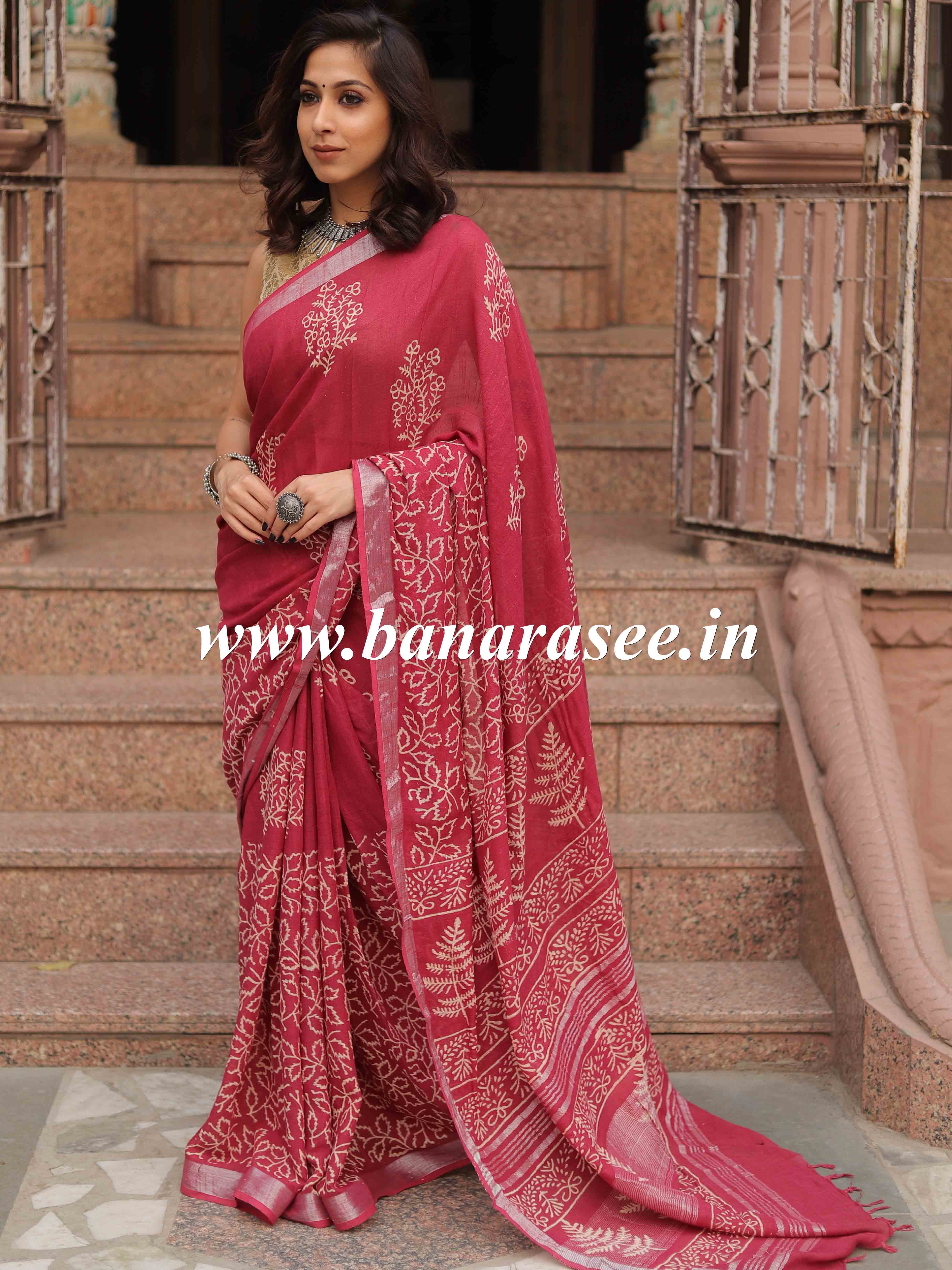 Linen Cotton Bagru Hand-Block Printed Saree-Maroon