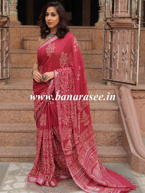 Linen Cotton Bagru Hand-Block Printed Saree-Maroon