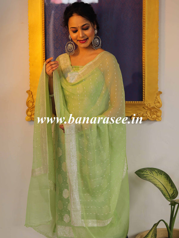 Banarasee Handloom Pure Chiffon Silk Kameez Fabric With Silver Zari Buta Dupatta-Green