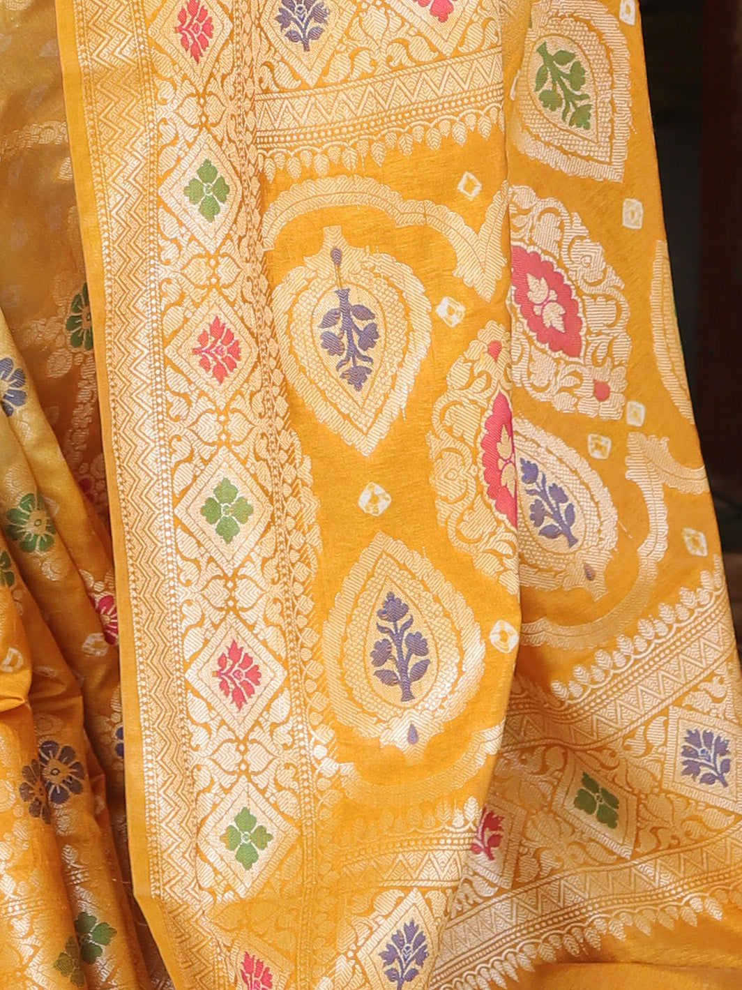 Banarasee Handwoven Semi-Silk Saree With Bandhej & Floral Zari Border-Yellow