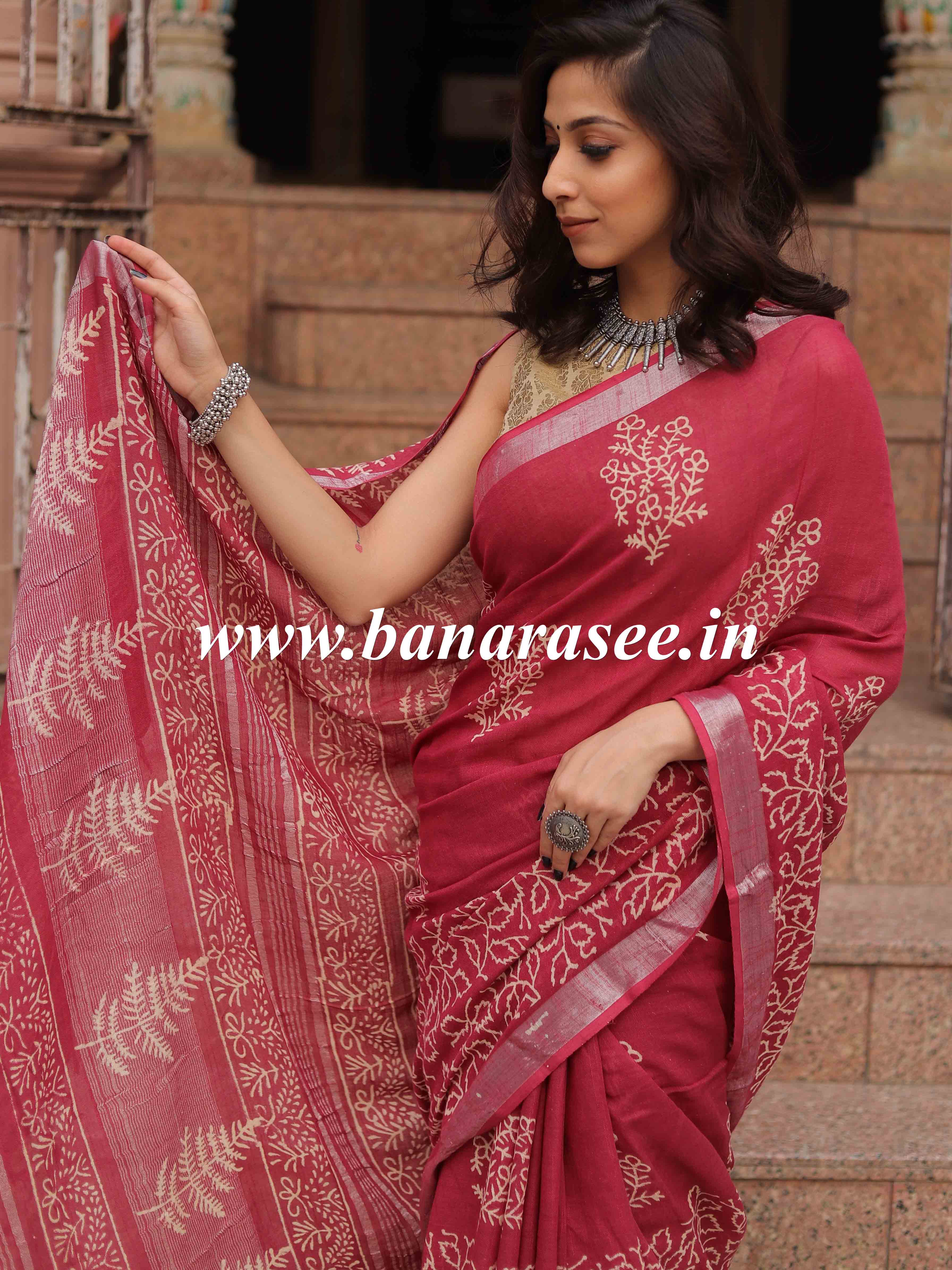 Linen Cotton Bagru Hand-Block Printed Saree-Maroon