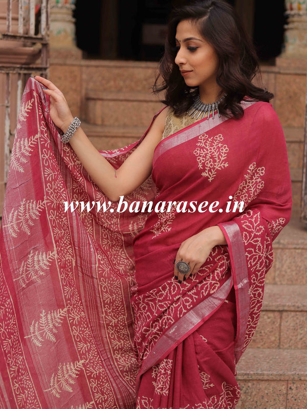 Linen Cotton Bagru Hand-Block Printed Saree-Maroon