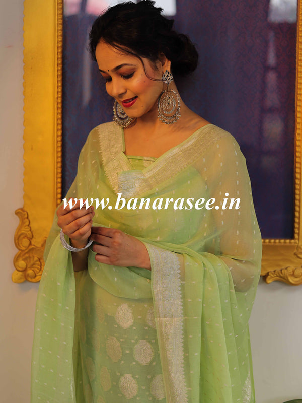 Banarasee Handloom Pure Chiffon Silk Kameez Fabric With Silver Zari Buta Dupatta-Green