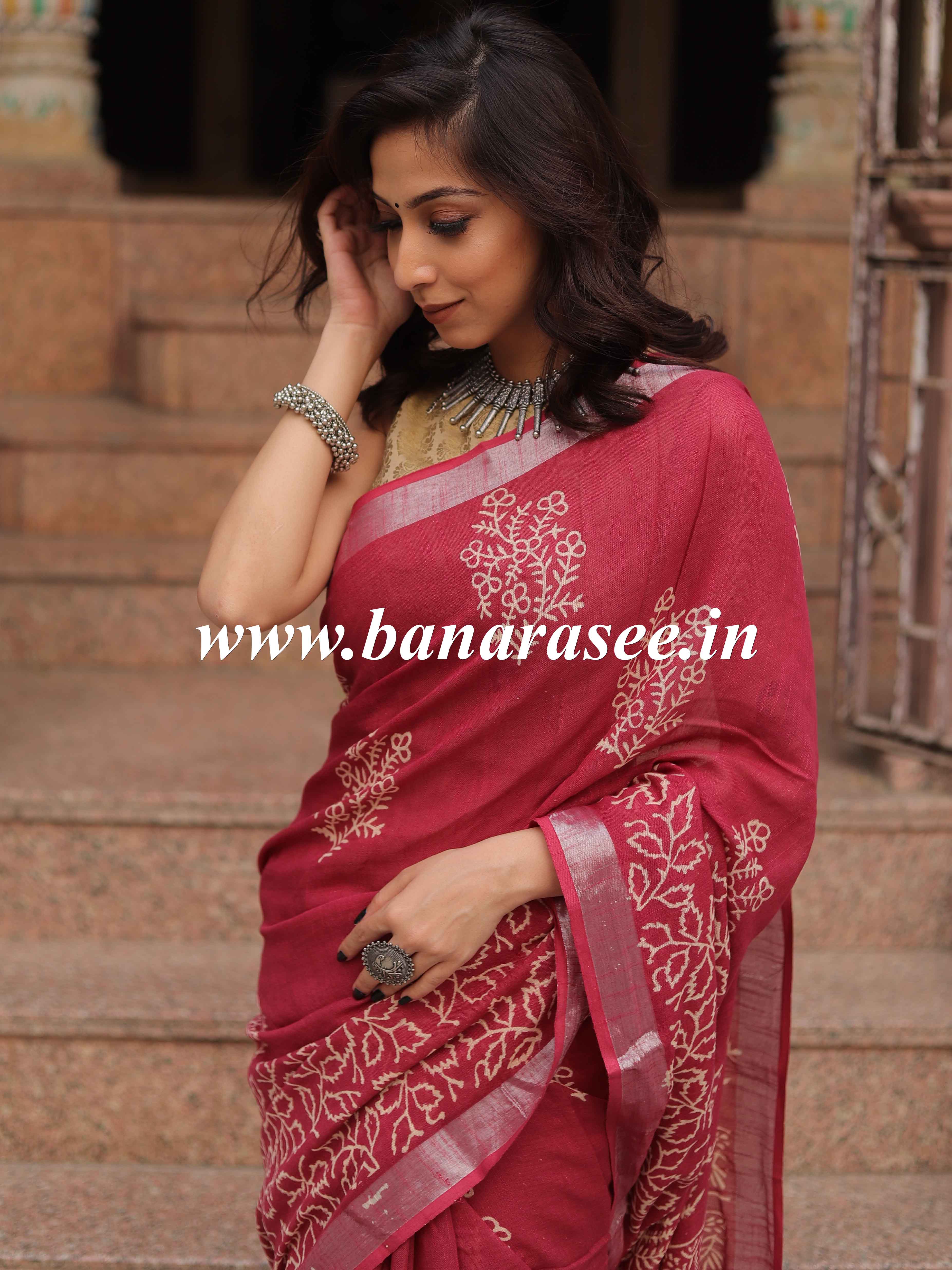 Linen Cotton Bagru Hand-Block Printed Saree-Maroon