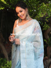 Banarasee Linen Cotton Digital Print Silver Zari Saree-Pastel Blue