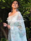 Banarasee Linen Cotton Digital Print Silver Zari Saree-Pastel Blue