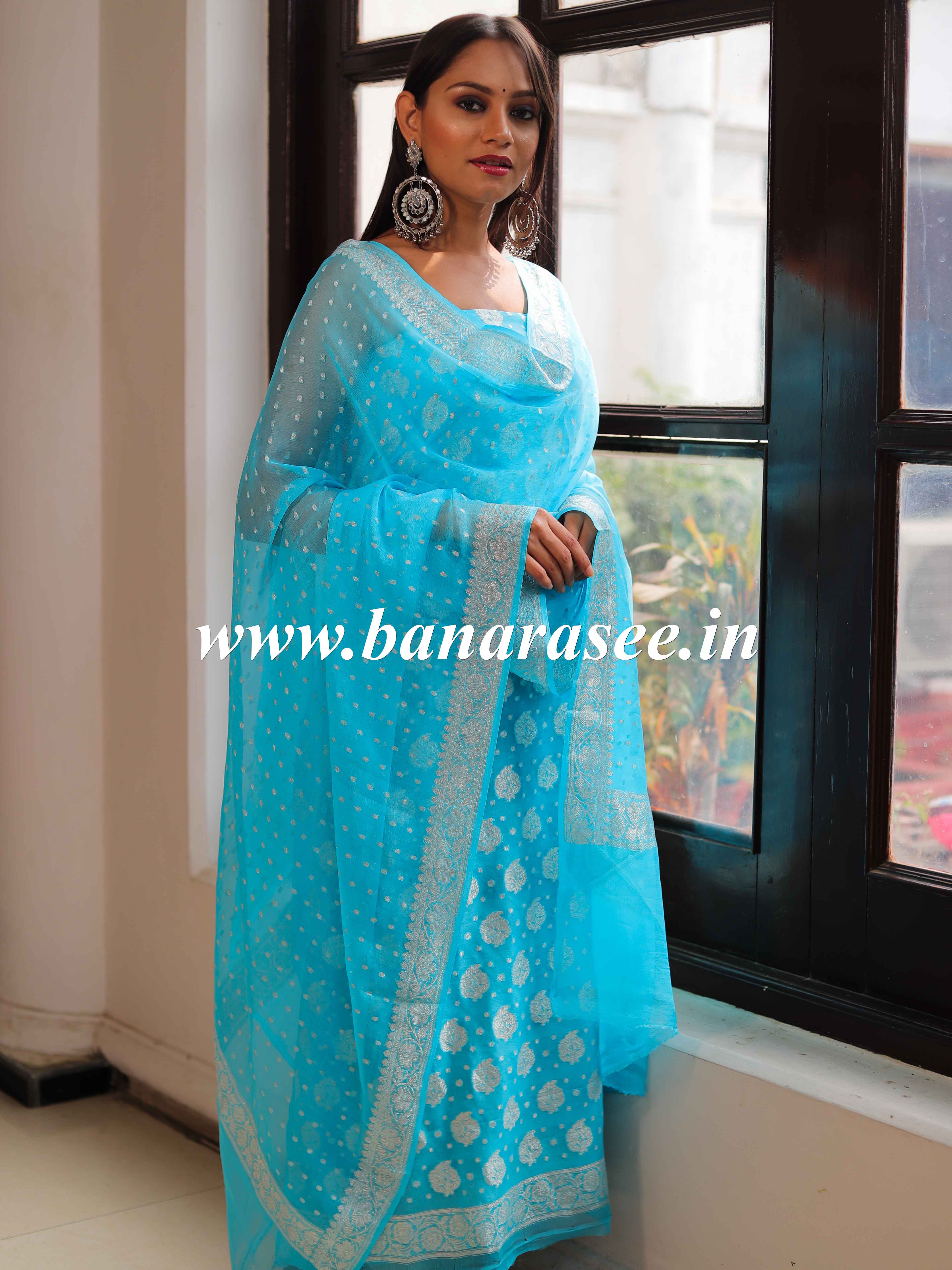 Banarasee Handloom Pure Chiffon Silk Kameez Fabric With Silver Zari Buta Dupatta-Blue