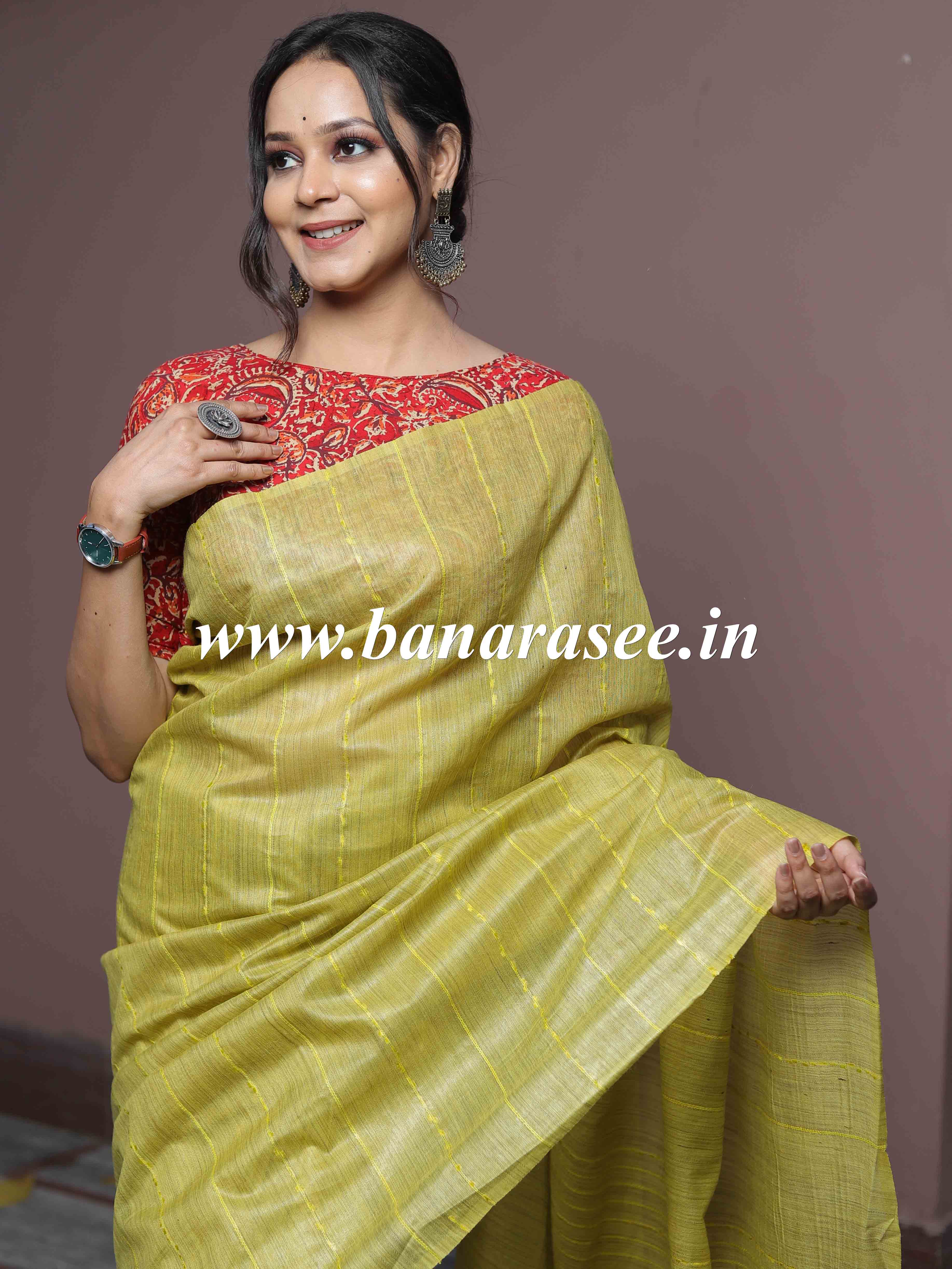 Bhagalpur Cotton Silk Ghichha Work Saree-Lime Green