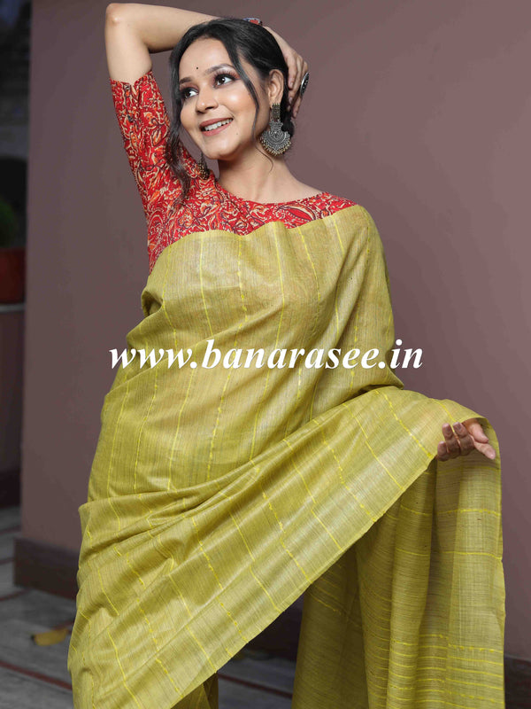 Bhagalpur Cotton Silk Ghichha Work Saree-Lime Green