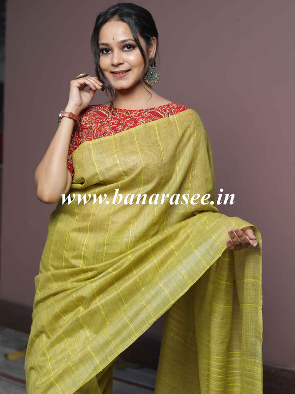 Bhagalpur Cotton Silk Ghichha Work Saree-Lime Green