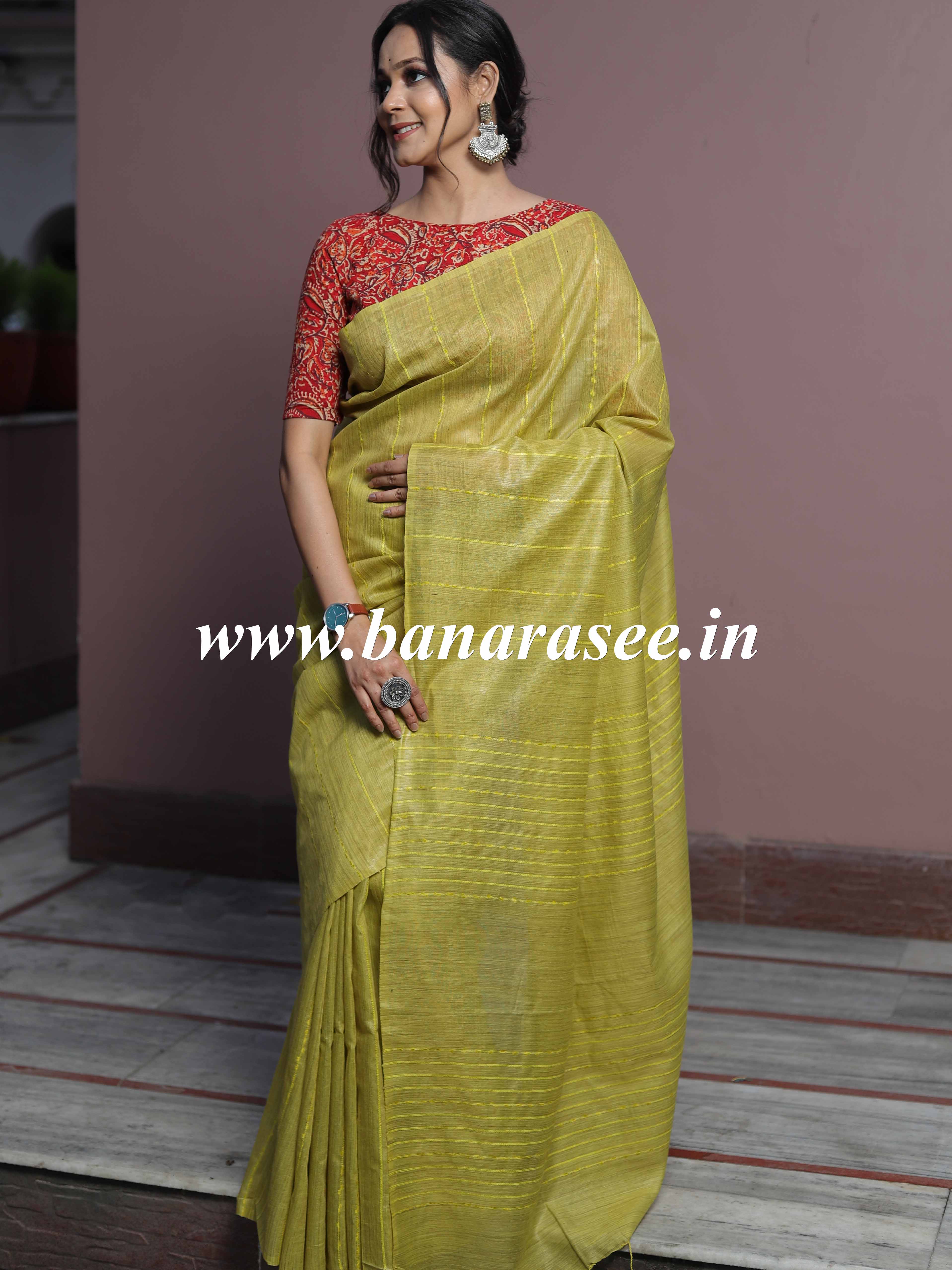 Bhagalpur Cotton Silk Ghichha Work Saree-Lime Green