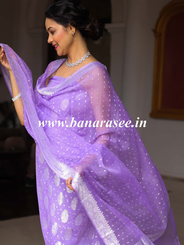 Banarasee Handloom Pure Chiffon Silk Kameez Fabric With Silver Zari Buta Dupatta-Lavender
