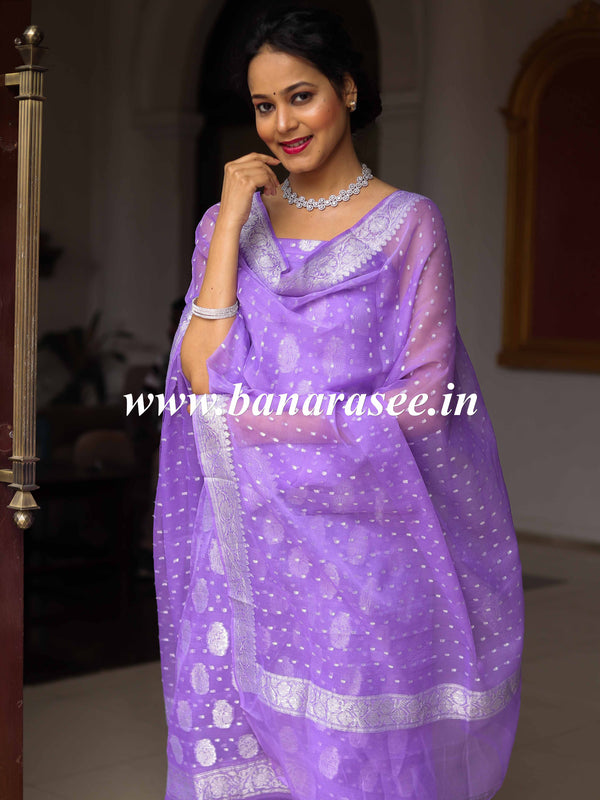 Banarasee Handloom Pure Chiffon Silk Kameez Fabric With Silver Zari Buta Dupatta-Lavender