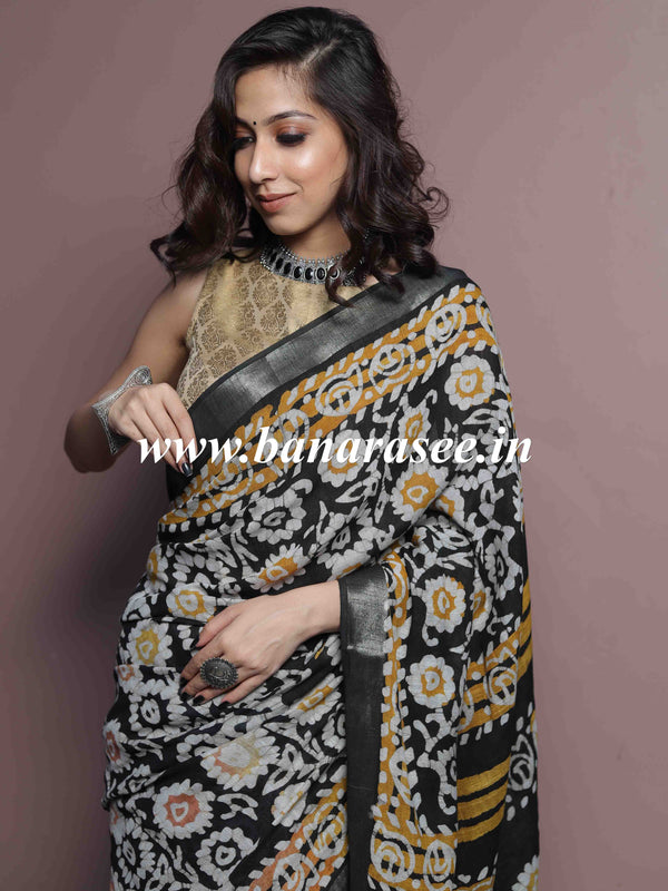 Linen Cotton Bagru Hand-Block Printed Saree-Black