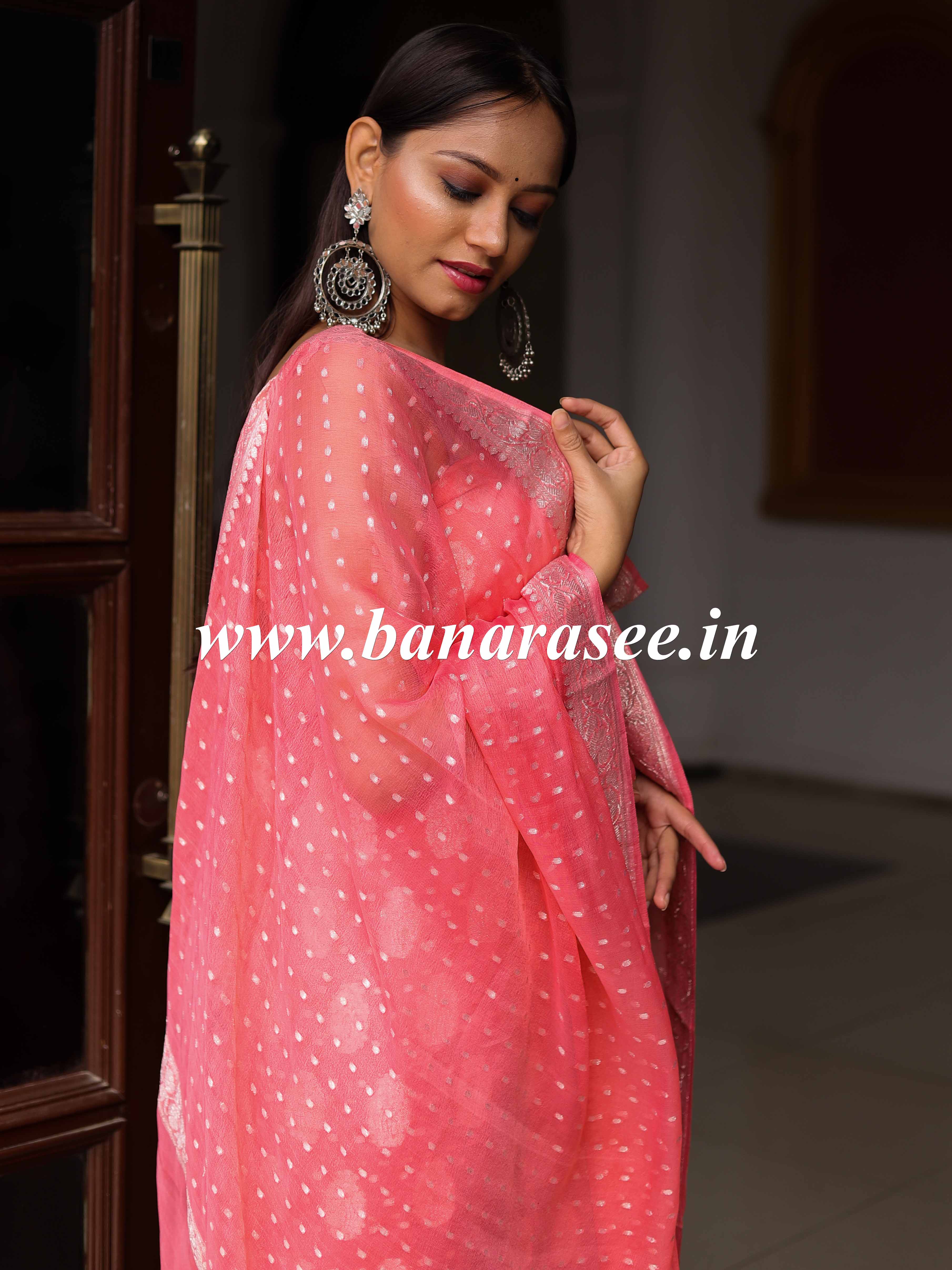 Banarasee Handloom Pure Chiffon Silk Kameez Fabric With Silver Zari Buta Dupatta-Peach