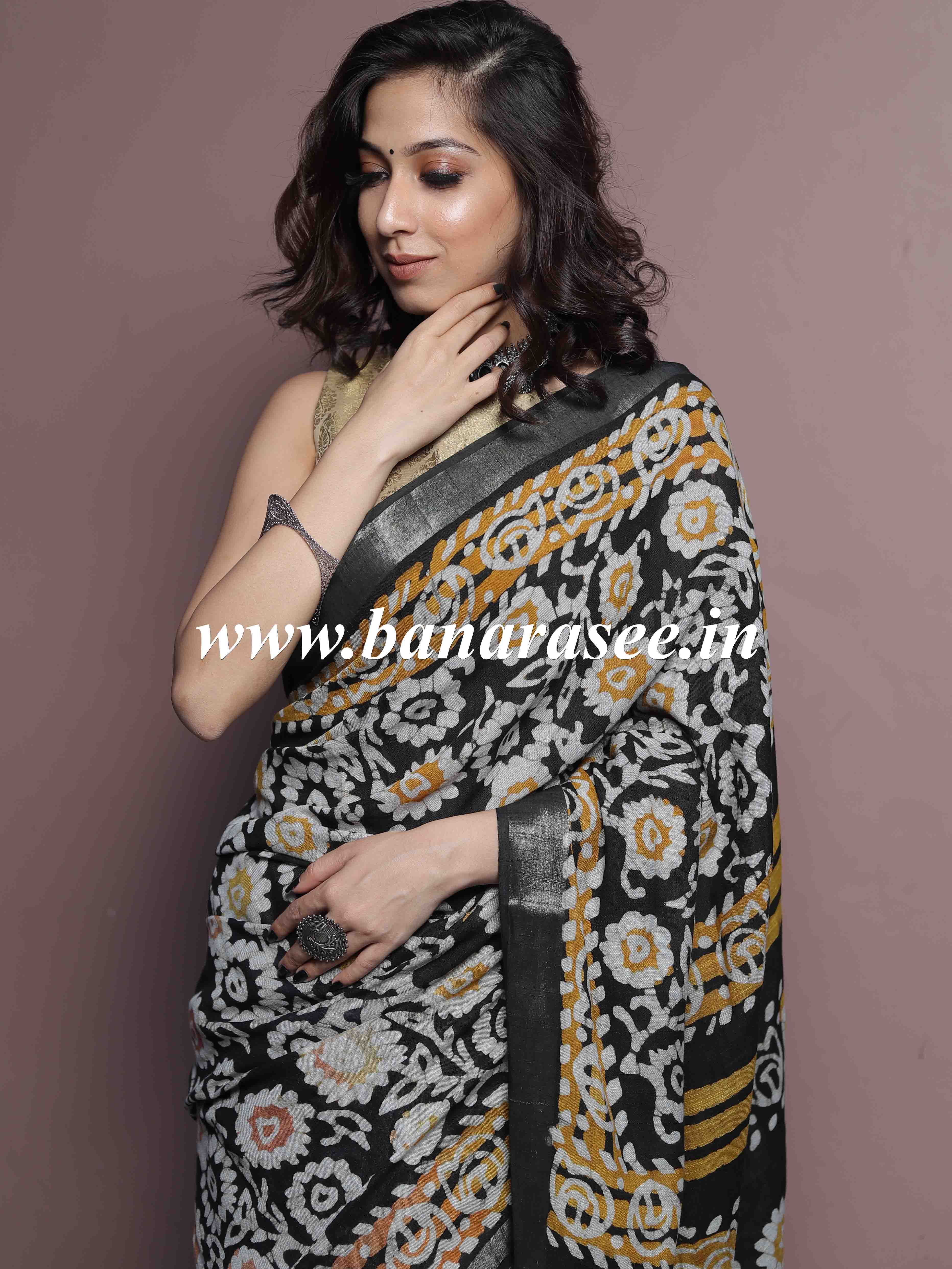 Linen Cotton Bagru Hand-Block Printed Saree-Black