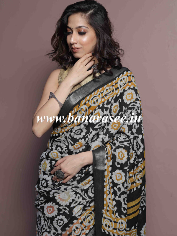 Linen Cotton Bagru Hand-Block Printed Saree-Black
