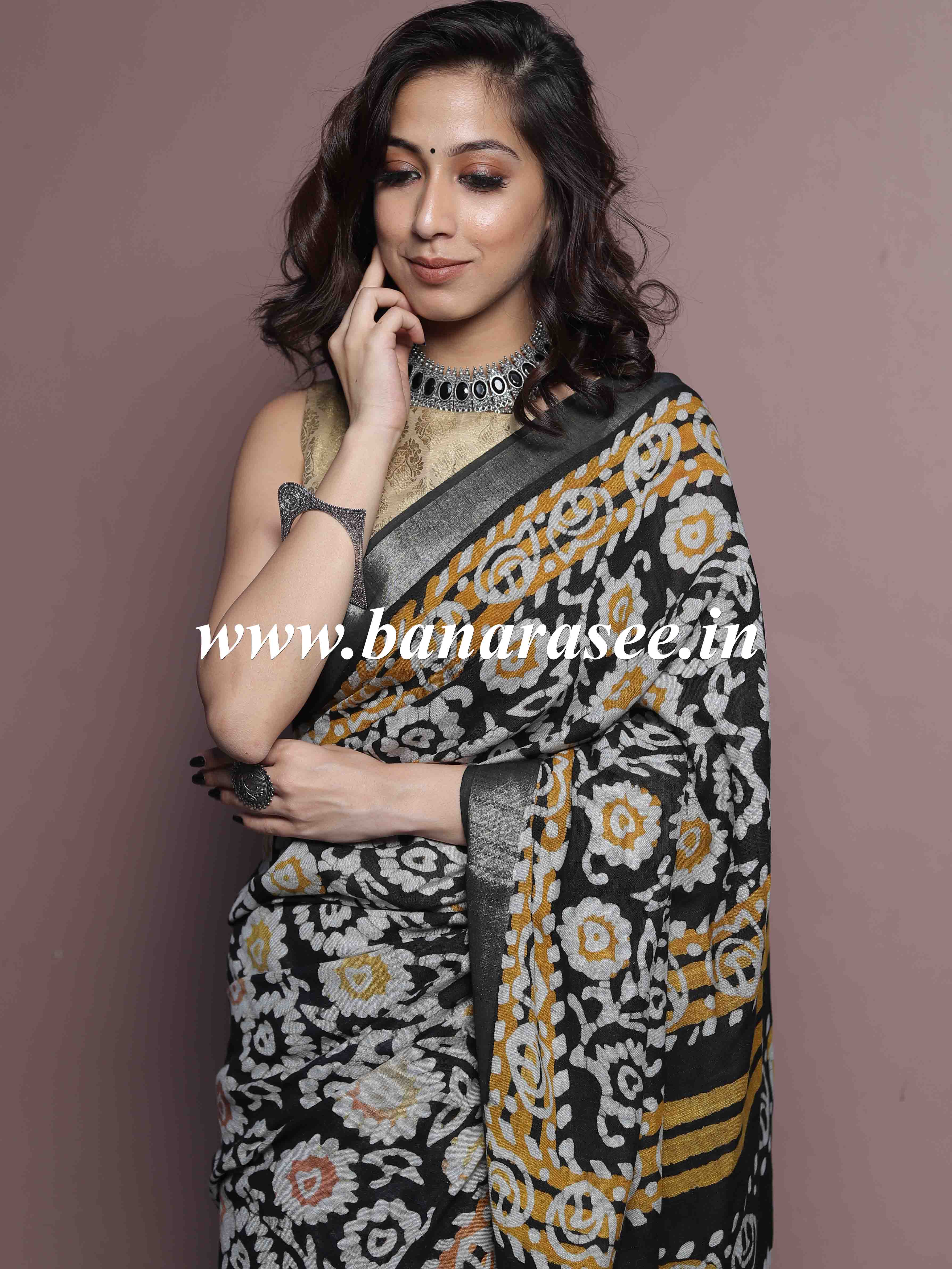 Linen Cotton Bagru Hand-Block Printed Saree-Black