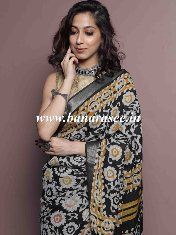 Linen Cotton Bagru Hand-Block Printed Saree-Black