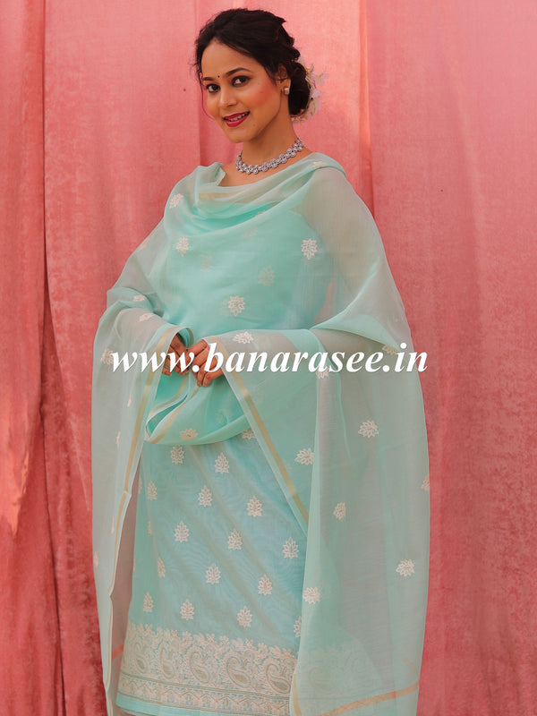 Banarasee Handloom Chanderi Silk Salwar Kameez Fabric With Chikankari Embroidery-Sea Green